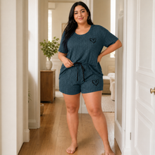 Load image into Gallery viewer, Minimal Heart Plus Size Ribbed Pajama Shorts Set – Dusty Blue