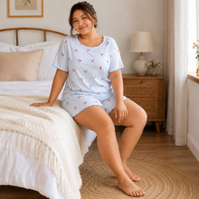 Load image into Gallery viewer, Blue Cherry Stripe Plus Size Ribbed Pajama Shorts Set
