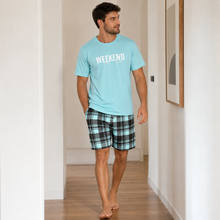Load image into Gallery viewer, Weekend Comfort Men’s Letter Print Pajama Shorts Set – Multicolor
