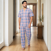 Load image into Gallery viewer, Men’s Navy White Check Broadcloth Pajama Set