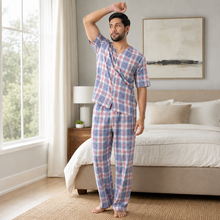 Load image into Gallery viewer, Men’s Navy White Check Broadcloth Pajama Set