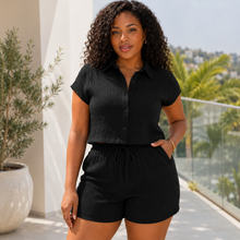 Load image into Gallery viewer, Women’s Textured Button-Front Blouse & Knotted Shorts Vacation Set