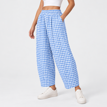 Load image into Gallery viewer, Women’s Gingham Check Barrel-Leg Pants with Elastic Waist & Pockets