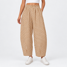 Load image into Gallery viewer, Women’s Gingham Check Barrel-Leg Pants with Elastic Waist & Pockets