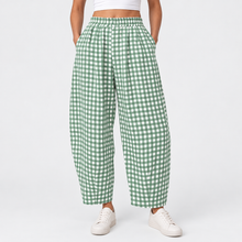 Load image into Gallery viewer, Women’s Gingham Check Barrel-Leg Pants with Elastic Waist & Pockets