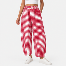 Load image into Gallery viewer, Women’s Gingham Check Barrel-Leg Pants with Elastic Waist & Pockets