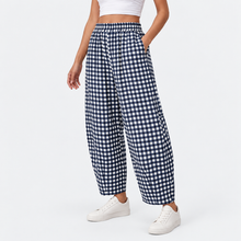 Load image into Gallery viewer, Women’s Gingham Check Barrel-Leg Pants with Elastic Waist & Pockets
