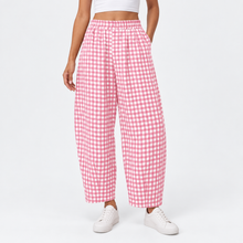Load image into Gallery viewer, Women’s Gingham Check Barrel-Leg Pants with Elastic Waist & Pockets