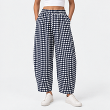 Load image into Gallery viewer, Women’s Gingham Check Barrel-Leg Pants with Elastic Waist & Pockets