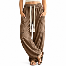 Load image into Gallery viewer, Women’s Ribbed Wide-Leg Cargo Pants with Drawstring Waist & Pockets
