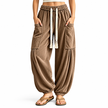 Load image into Gallery viewer, Women’s Ribbed Wide-Leg Cargo Pants with Drawstring Waist & Pockets
