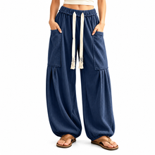 Load image into Gallery viewer, Women’s Ribbed Wide-Leg Cargo Pants with Drawstring Waist & Pockets
