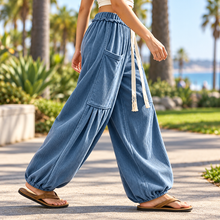 Load image into Gallery viewer, Women’s Ribbed Wide-Leg Cargo Pants with Drawstring Waist & Pockets