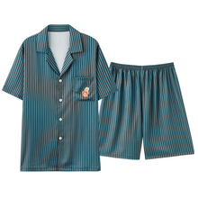 Load image into Gallery viewer, Green Vertical Stripe Short Sleeve Men's Shorts Pajama Set
