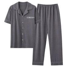 Load image into Gallery viewer, Gray Plaid Short Sleeved Top And Trousers Men's Pajamas Set
