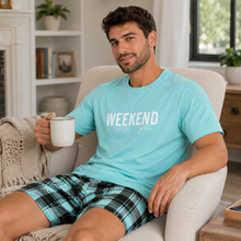 Load image into Gallery viewer, Weekend Comfort Men’s Letter Print Pajama Shorts Set – Multicolor
