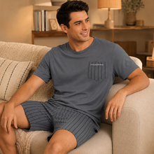 Load image into Gallery viewer, Men’s Grey Striped Pocket Pajama Shorts Set
