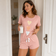 Load image into Gallery viewer, Triple Heart Women’s Short Sleeve Pajama Shorts Set – Light Grey
