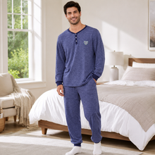 Load image into Gallery viewer, Men’s Navy Melange Henley Collar Pajama Set

