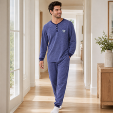 Load image into Gallery viewer, Men’s Navy Melange Henley Collar Pajama Set
