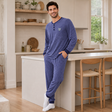 Load image into Gallery viewer, Men’s Navy Melange Henley Collar Pajama Set
